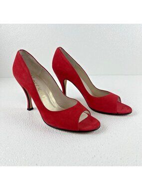 Women's 9N Red Peep Toe Mob Wife Career Chic Preppy Delman Suede Pumps Heels